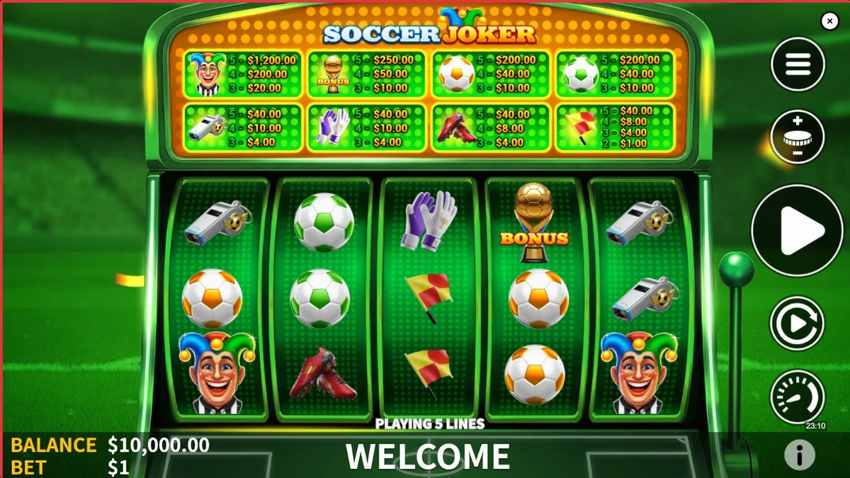 Interface do slot Soccer Joker em um dispositivo móvel mostrando o campo de futebol neon